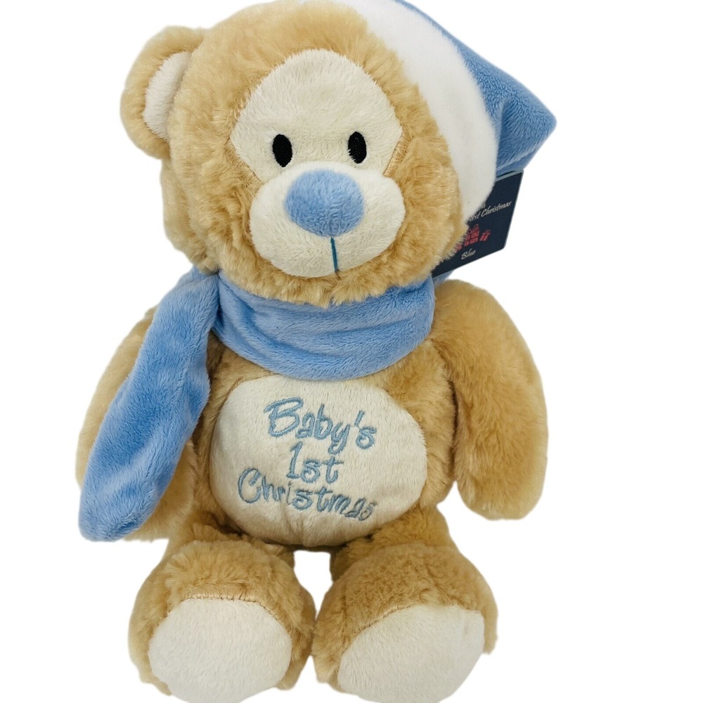 Cuddle‎ Barn Babys 1st Christmas Blue Teddy Bear Plush Scarf Hat 12 Inch NEW